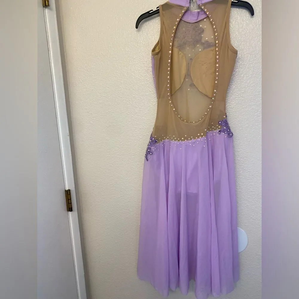 Custom solo dance costume lavender purple illusion leotard maxi dress stoned MA